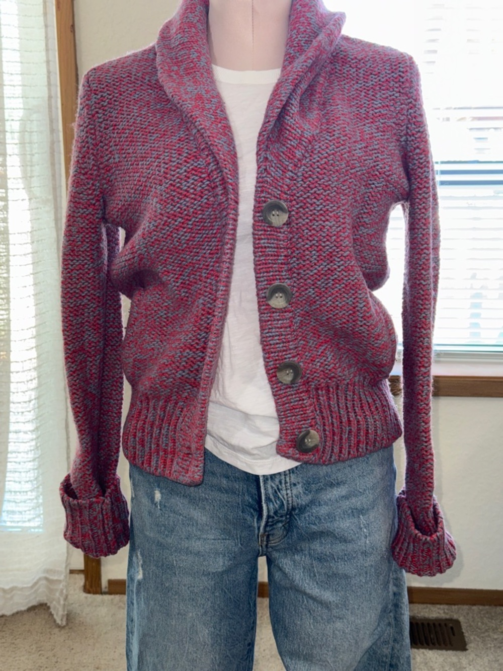 American Eagle Outfitters Red and Blue Marled Button-Front Cardigan